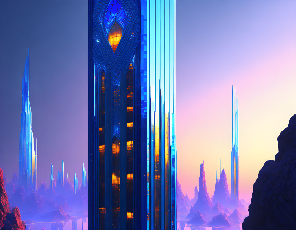 Futuristic cityscape with towering blue neon-lit structures at dusk