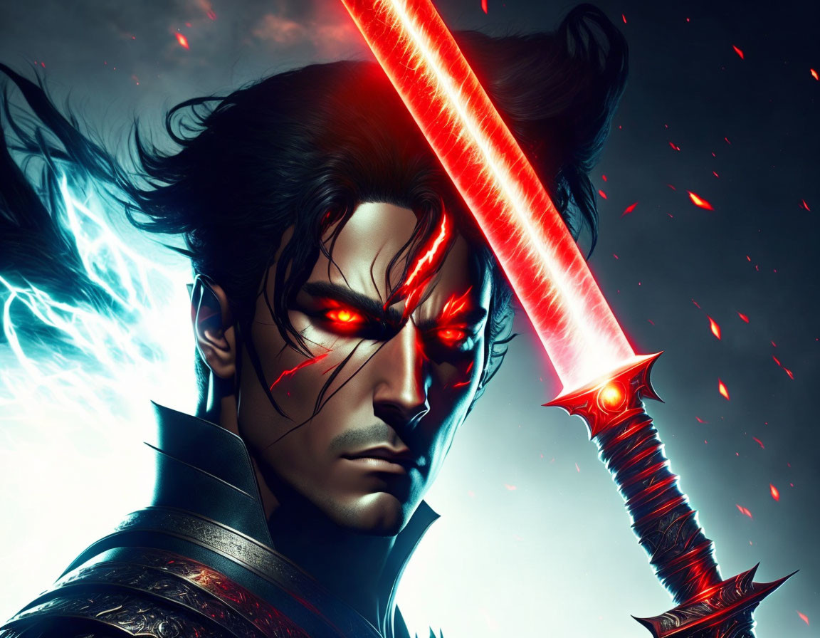 Brooding character with glowing red eyes and lightsaber on dark background