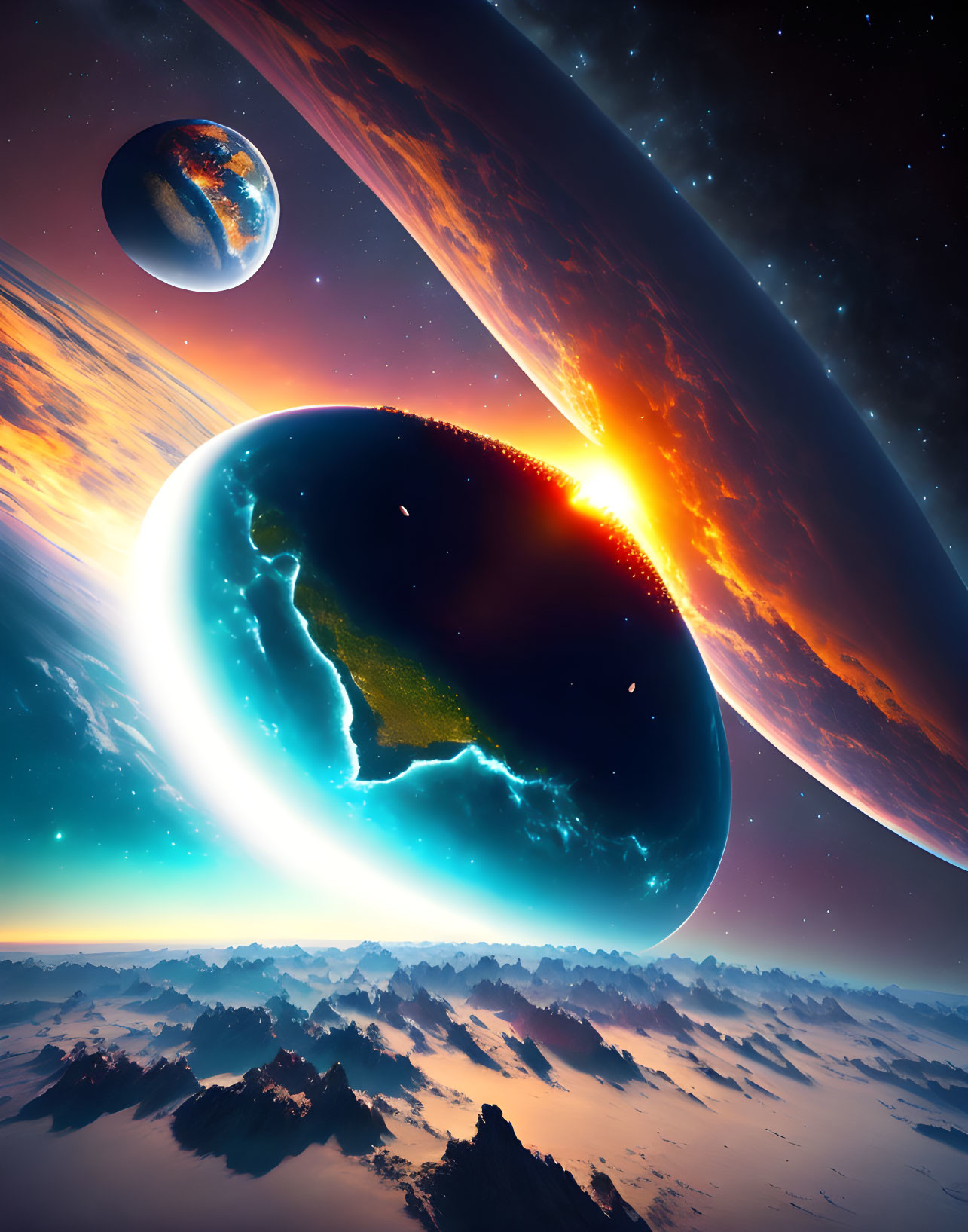 Colorful space scene with planets, starry sky, rocky landscape & dramatic lighting.