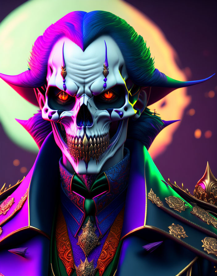 Menacing skeleton with horns and red eyes in vivid digital art