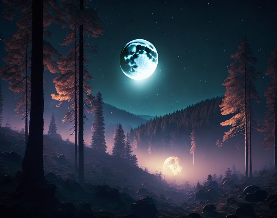 Large moon over misty forest with glowing orb - serene night scene