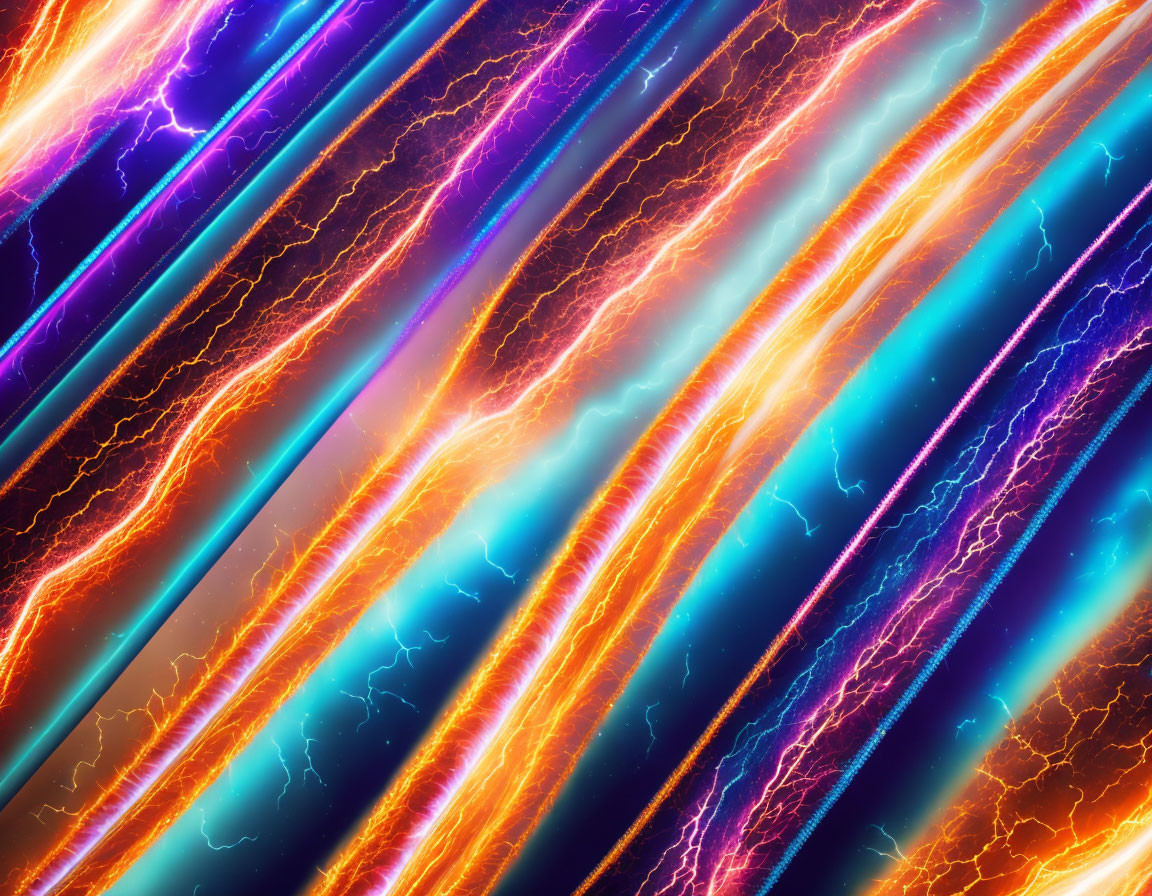 Colorful digital artwork with neon streaks and lightning effects on orange backdrop