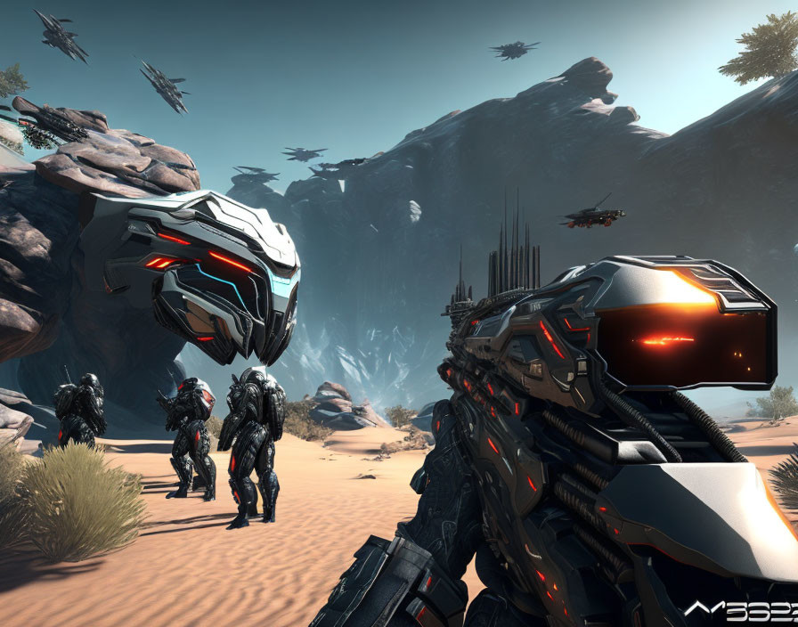 Futuristic soldiers with advanced armor and weapons in desert landscape with hovering warships