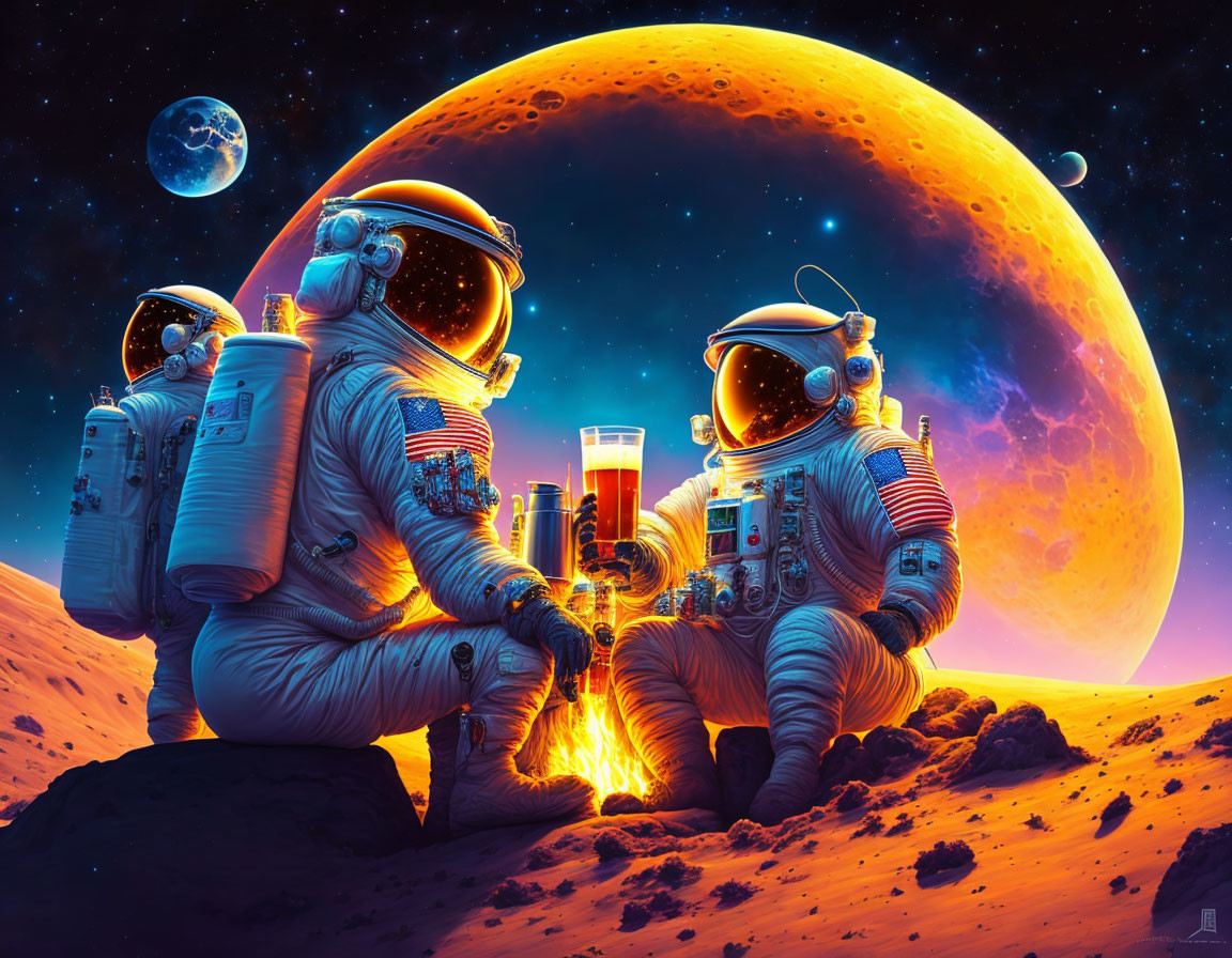 Astronauts at campfire on lunar surface with planet and stars.