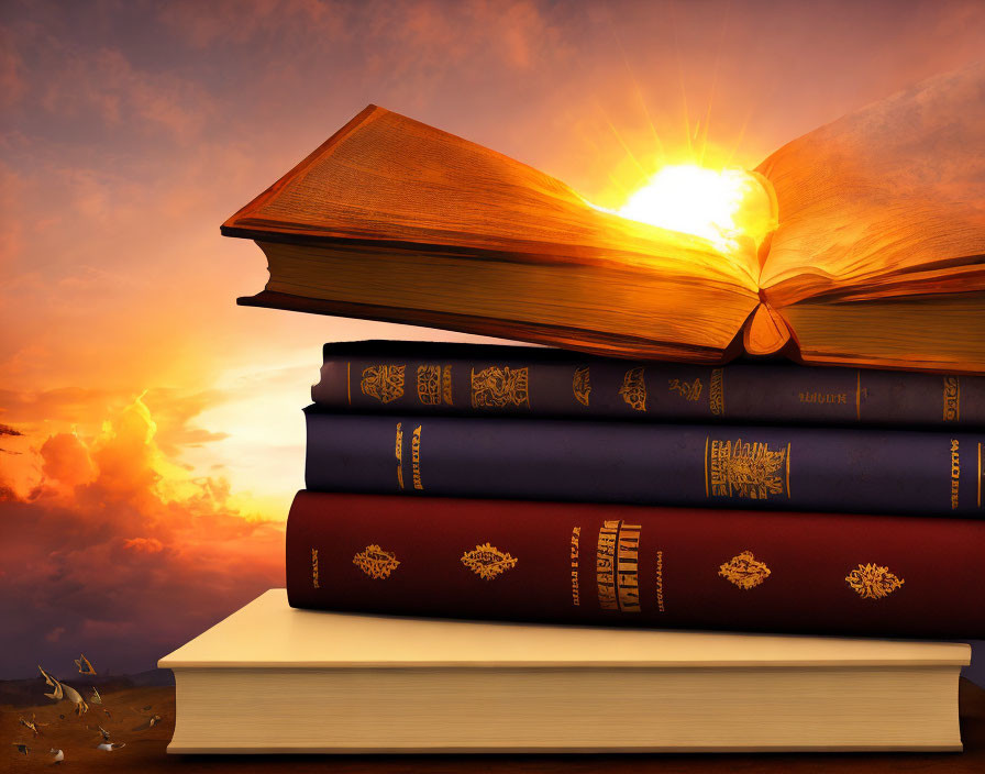 Stack of Hardcover Books with Open Book on Top Against Sunset Sky