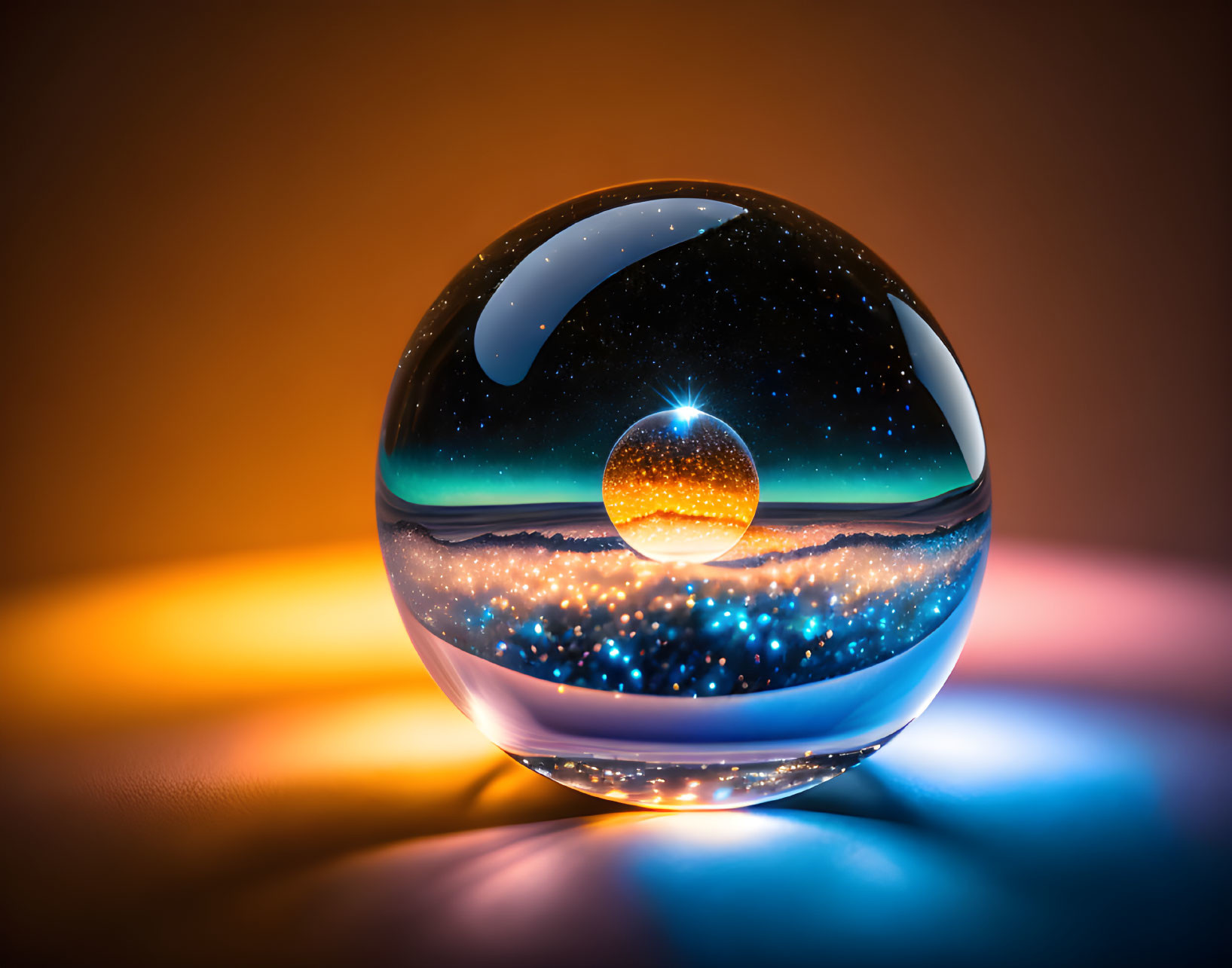 Crystal ball reveals starry night sky with sunset horizon