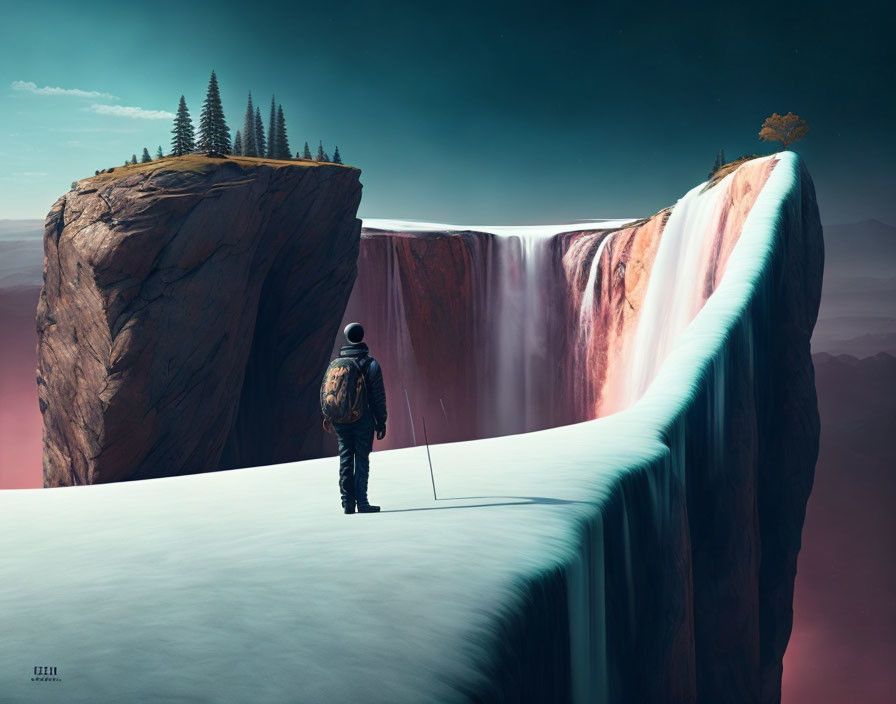 Person on snowy ledge views surreal waterfall from floating landmass