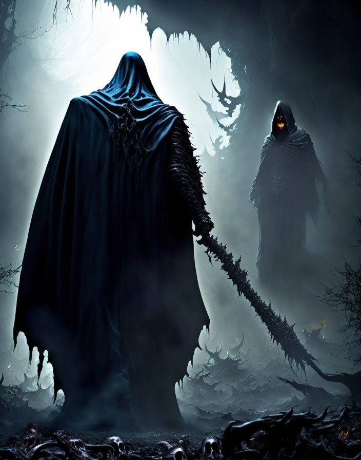 Cloaked figures in eerie forest with glowing eyes and spiked staff