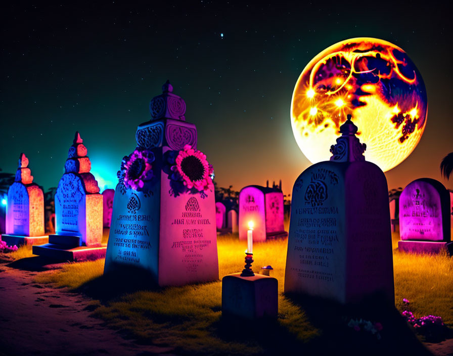 Colorful night cemetery scene with glowing tombstones under fractal moon