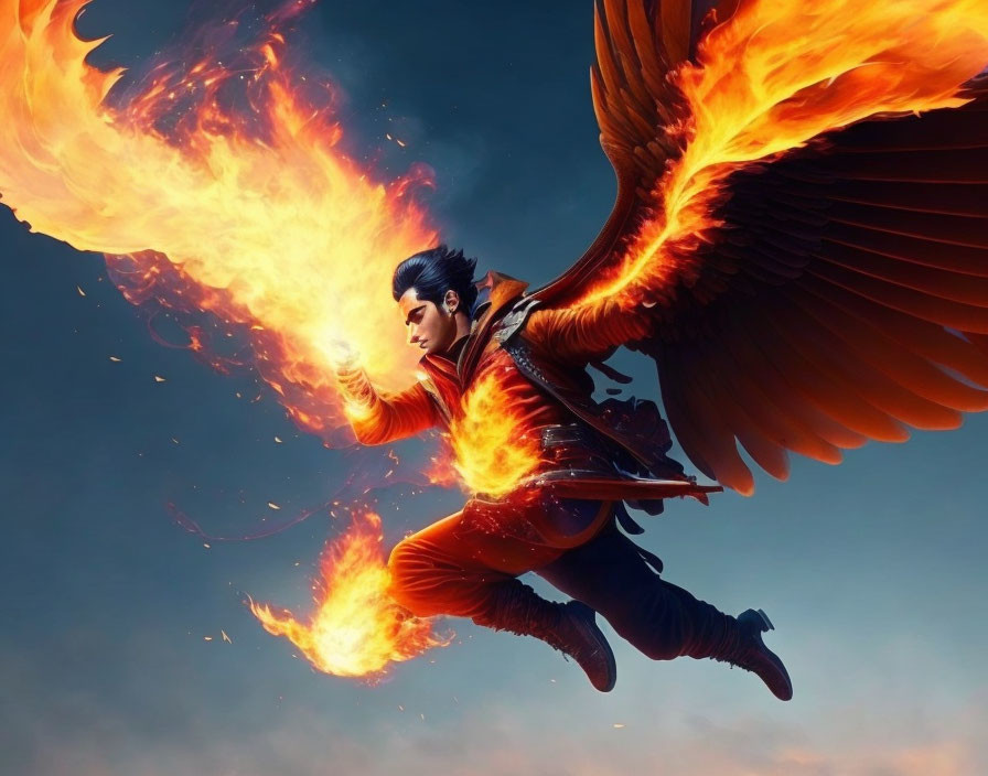 Fiery-winged character unleashes powerful blaze in dramatic sky