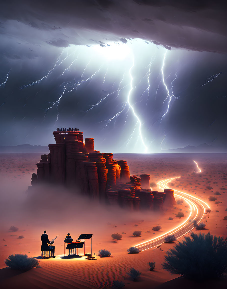 Couple at piano in desert with stormy sky and lightning-struck mesa