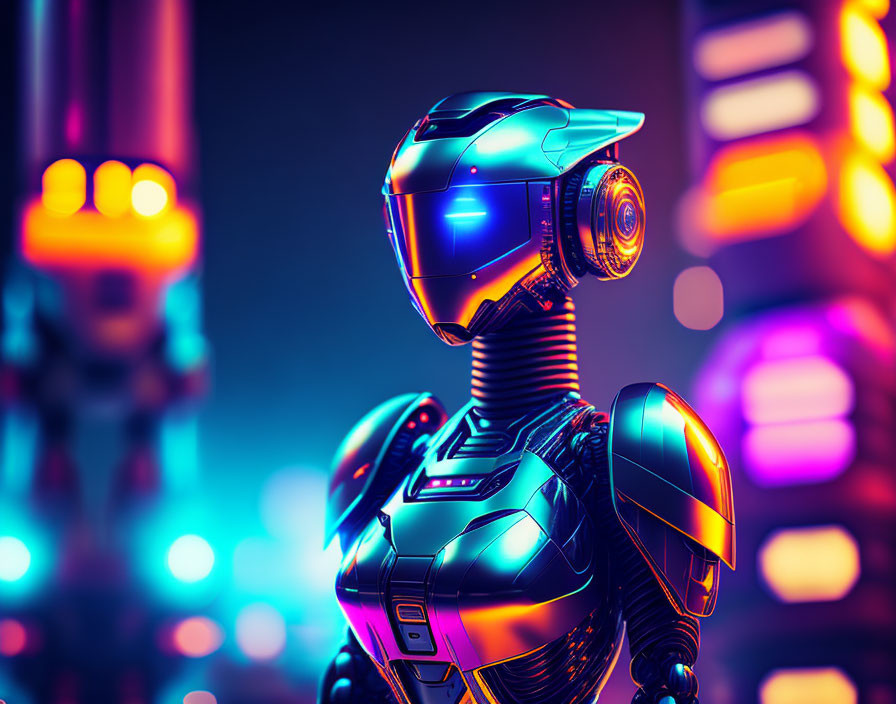 Sleek futuristic robot with illuminated blue visor in cyberpunk cityscape