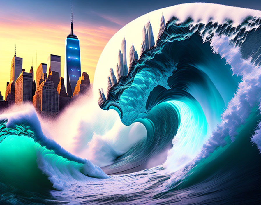 Surreal city skyline with towering skyscrapers and massive ocean wave against vibrant sunset