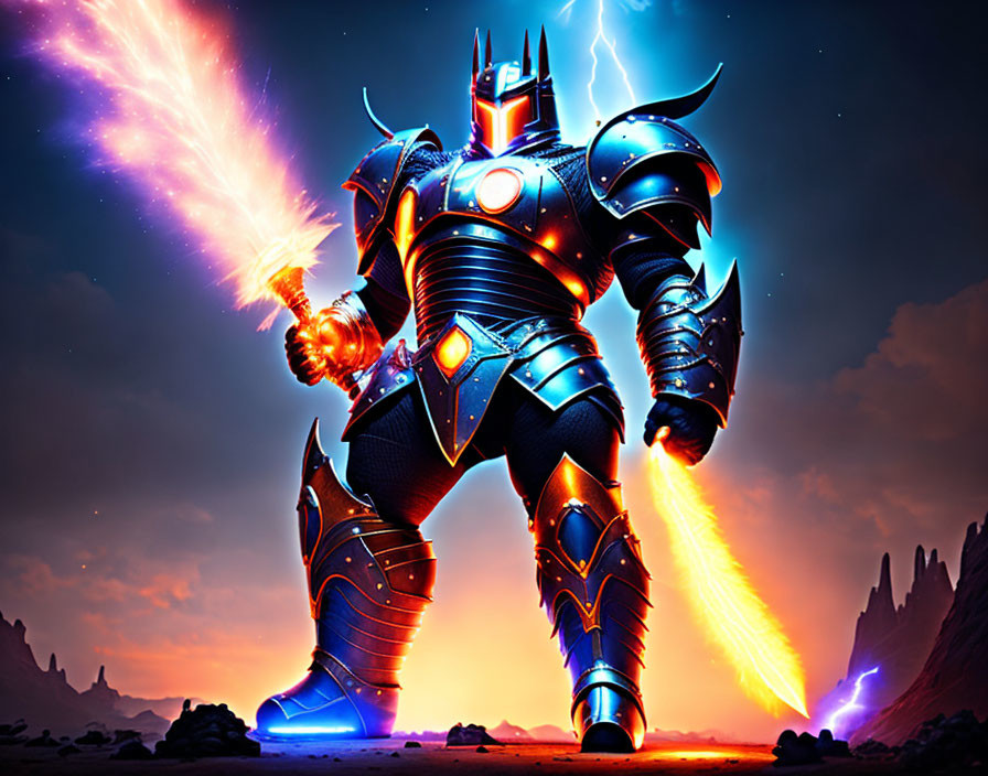 Futuristic knight in blue armor on alien landscape with fiery gauntlet