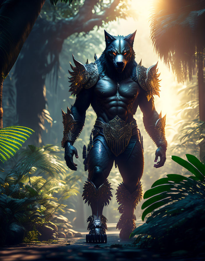 Anthropomorphic wolf in ornate armor in mystical forest with rays of light.