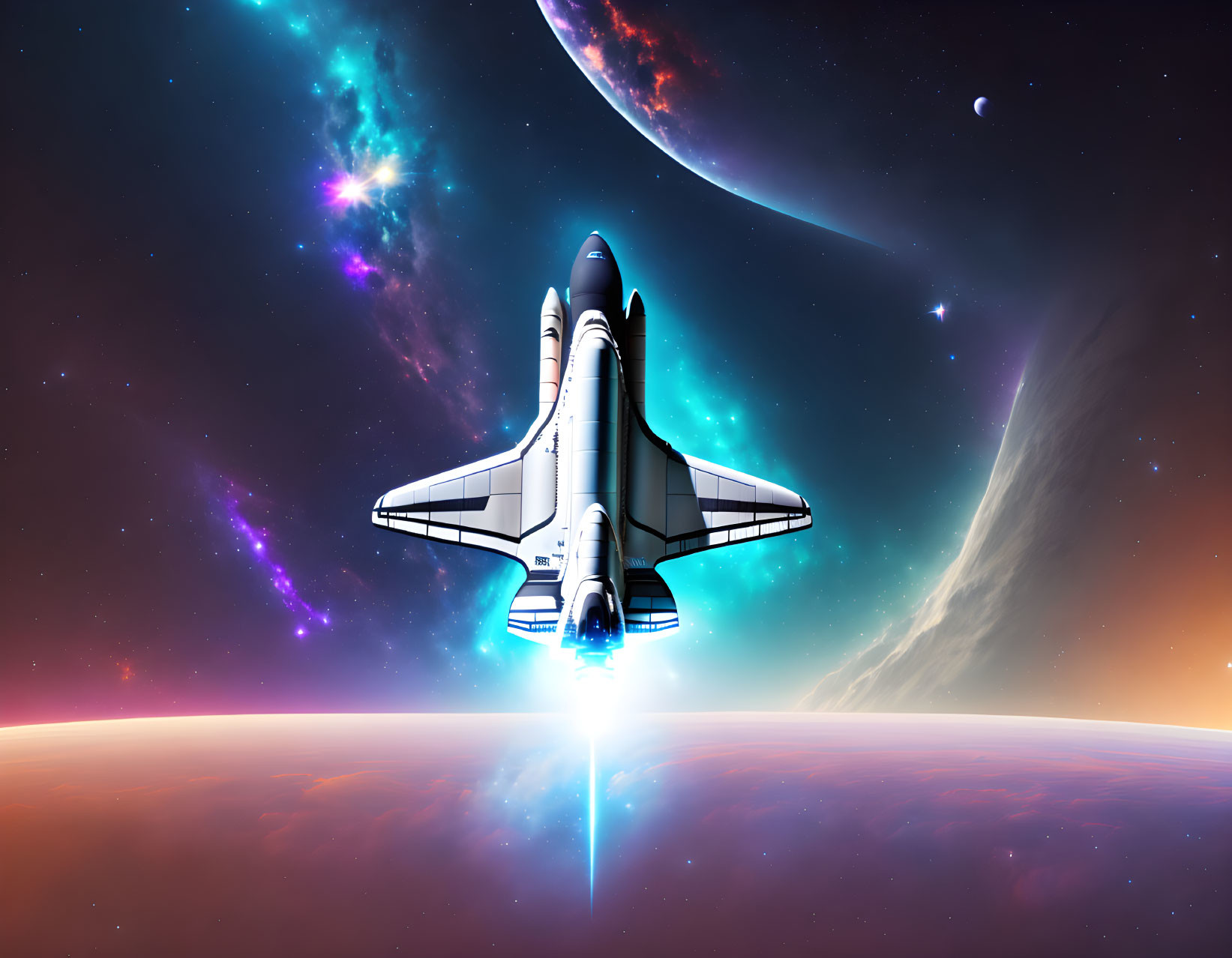 Space Shuttle Soaring in Cosmic Scene