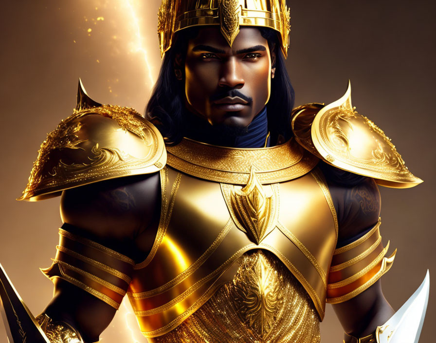 Illustration of stern male warrior in golden armor with sword on dark background