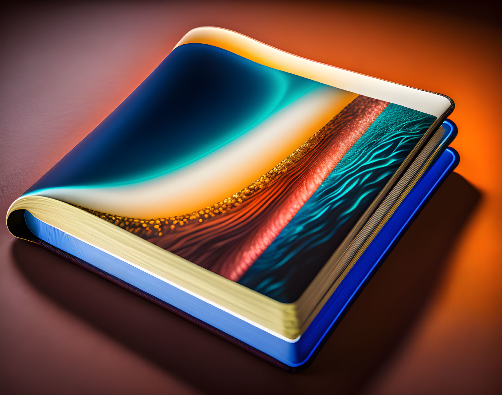 Surreal hardcover book with flowing pages merging into abstract digital art