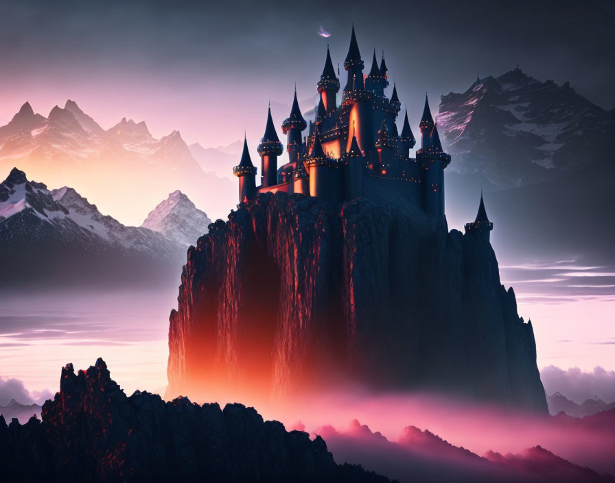 Enchanting castle on cliff with glowing windows under purple sky