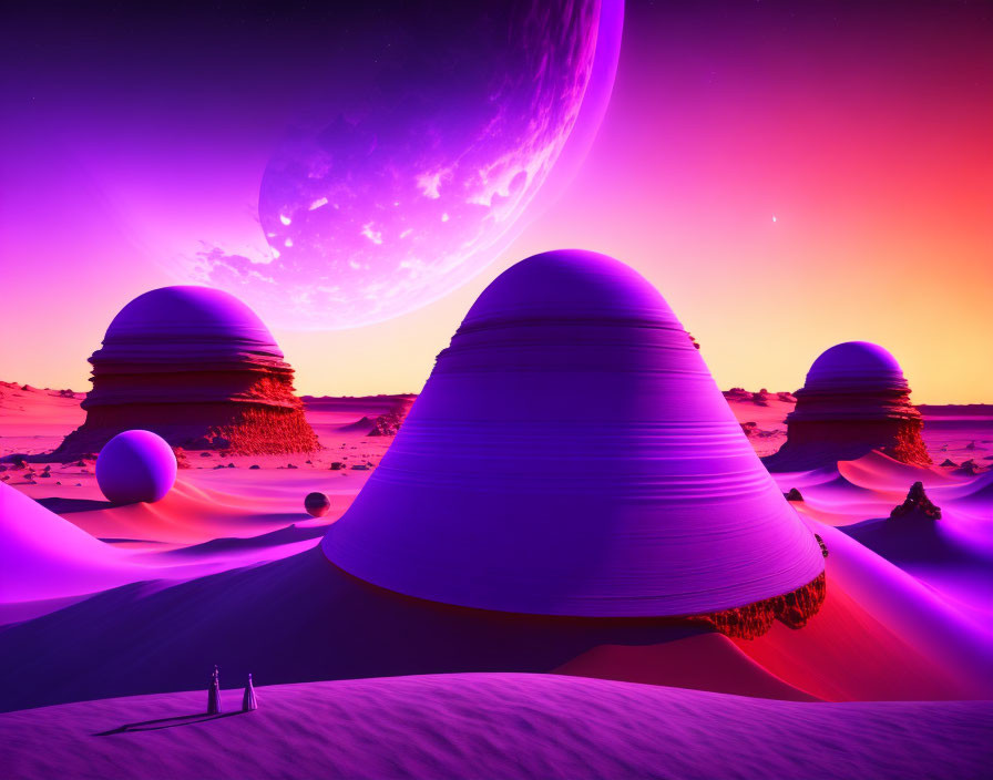 Vivid sci-fi landscape with purple skies, alien planets, and figures on dune