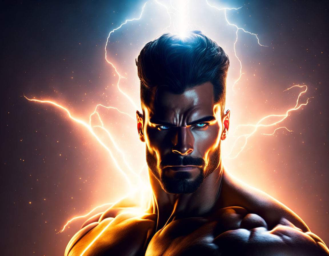 Muscular superhero illustration with dramatic lightning on dark background