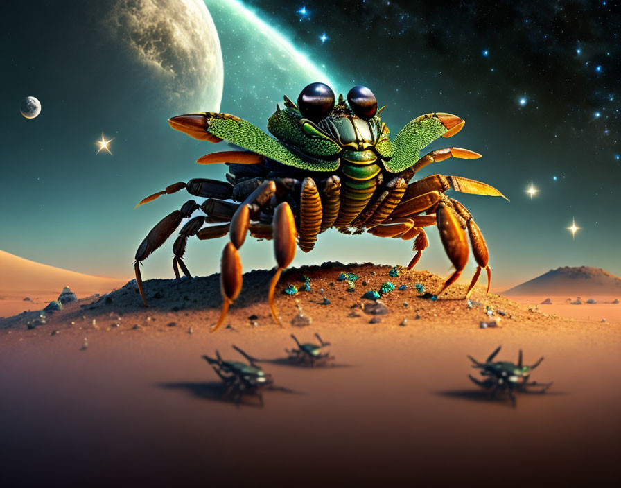 Giant green-winged beetle on alien desert planet under starry sky