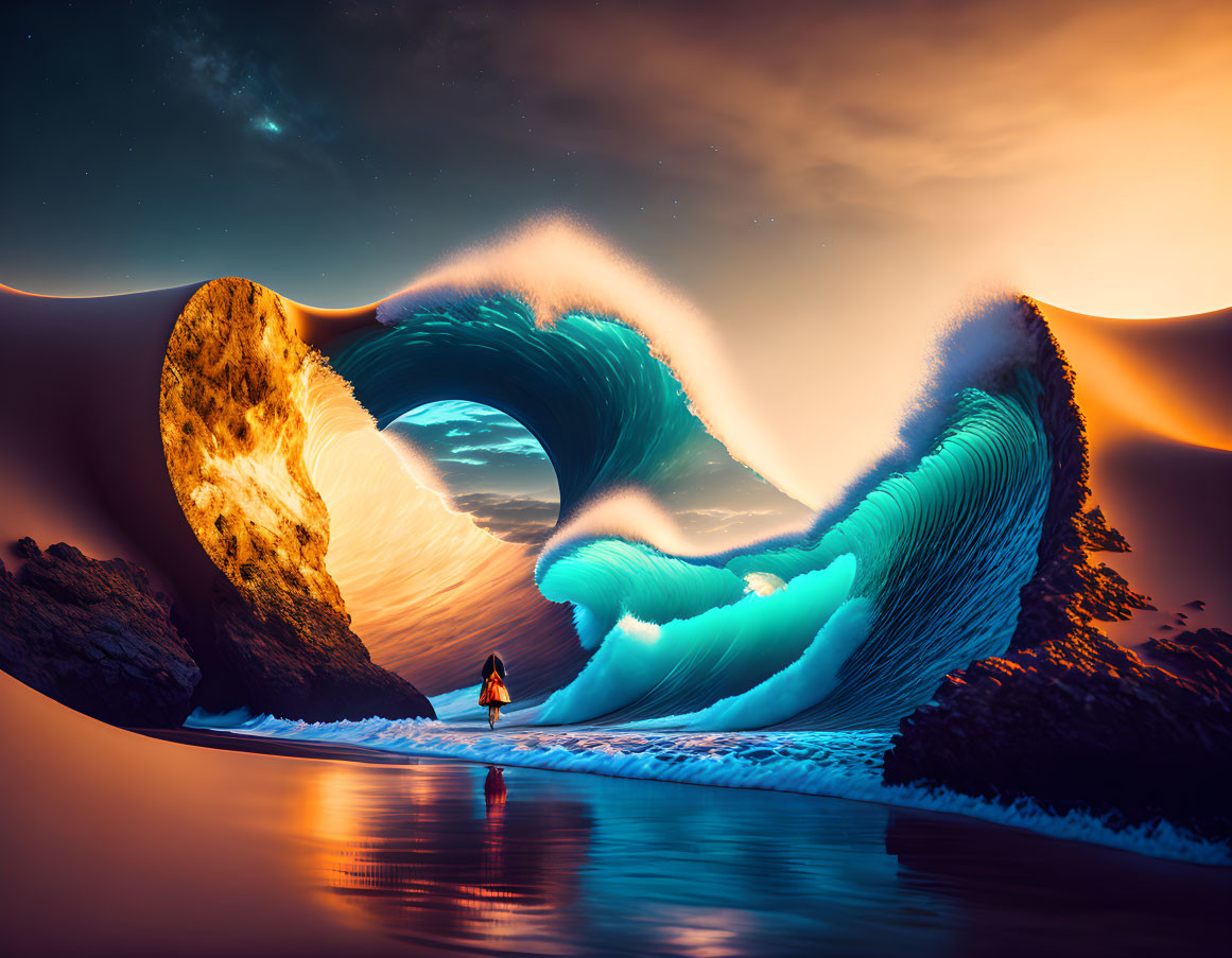 Person at shore with giant glowing wave in surreal twilight scene