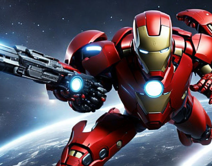 Detailed Iron Man mid-flight image with armored suit and repulsor beams against space backdrop