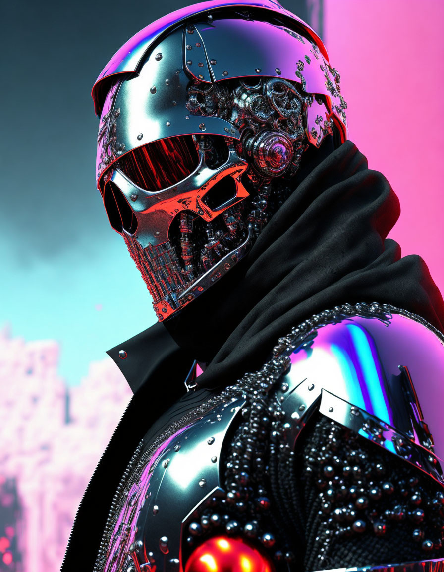 Futuristic person in chrome helmet against pink and teal cityscape