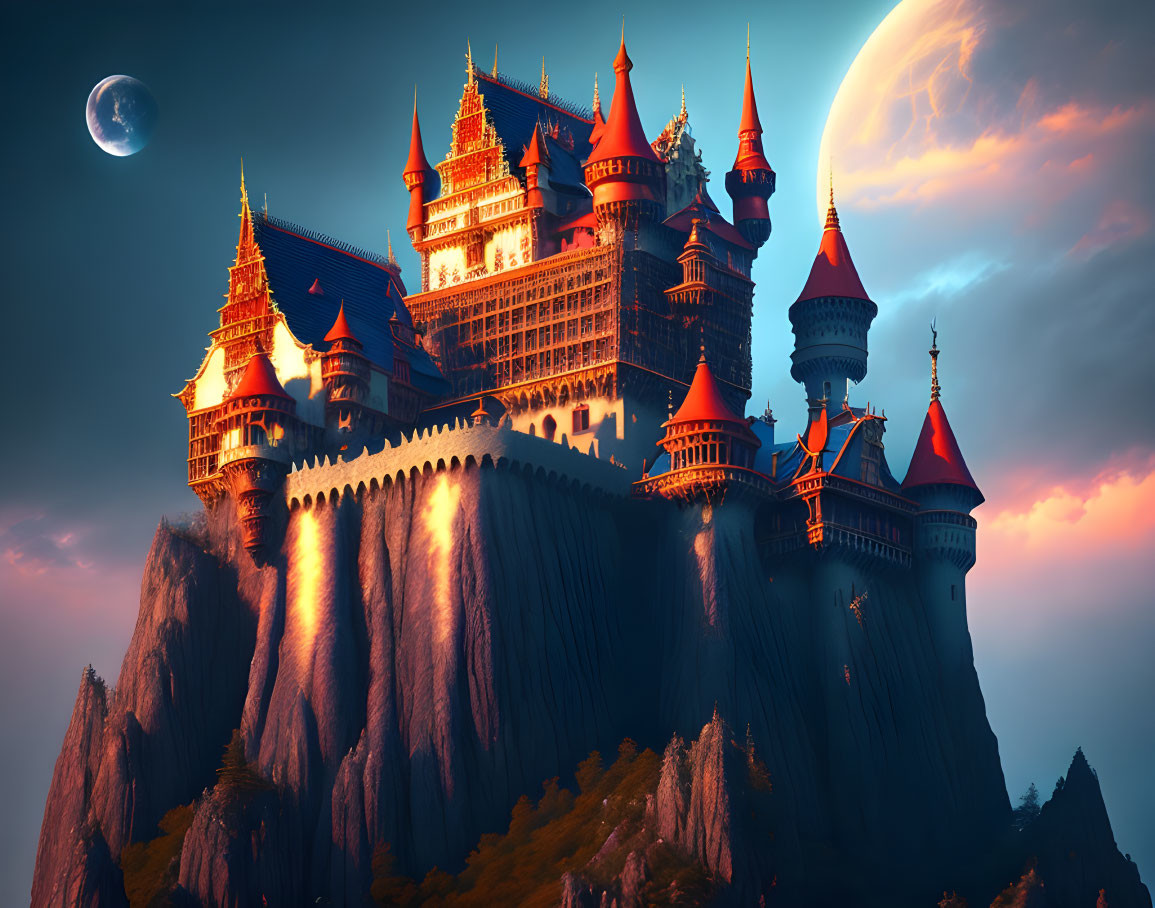 Castle with multiple spires on cliff at dusk with moons