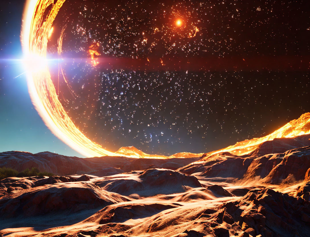 Rocky Alien Landscape with Large Fiery Planet and Star-Filled Sky