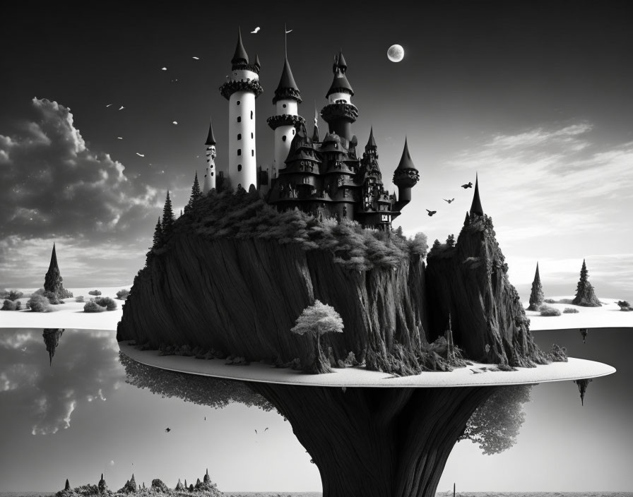 Monochrome surreal landscape with floating island, gothic castle, moon, and birds