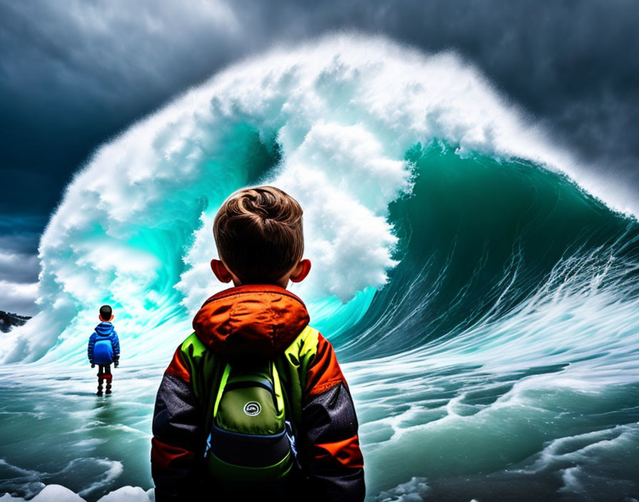 Children observing massive wave under dramatic sky in icy landscape