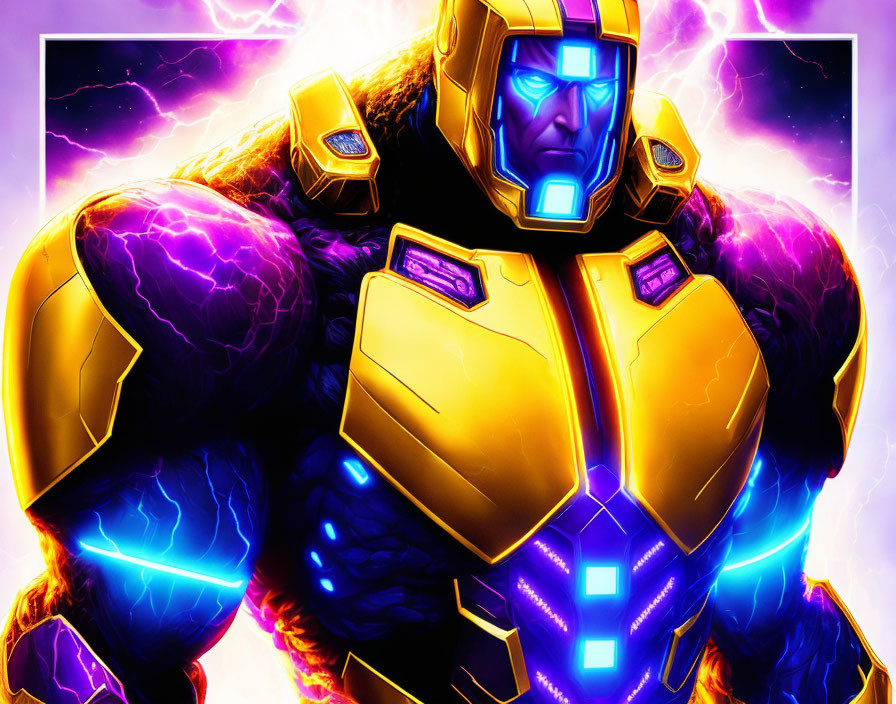 Muscular armored character with glowing blue visor in cosmic purple setting