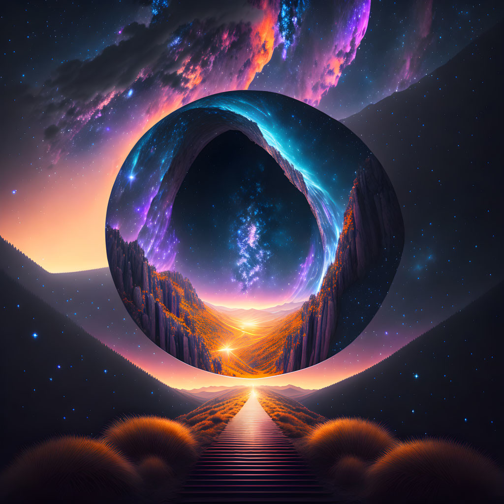 Surreal landscape with glowing sunset and cosmic portal