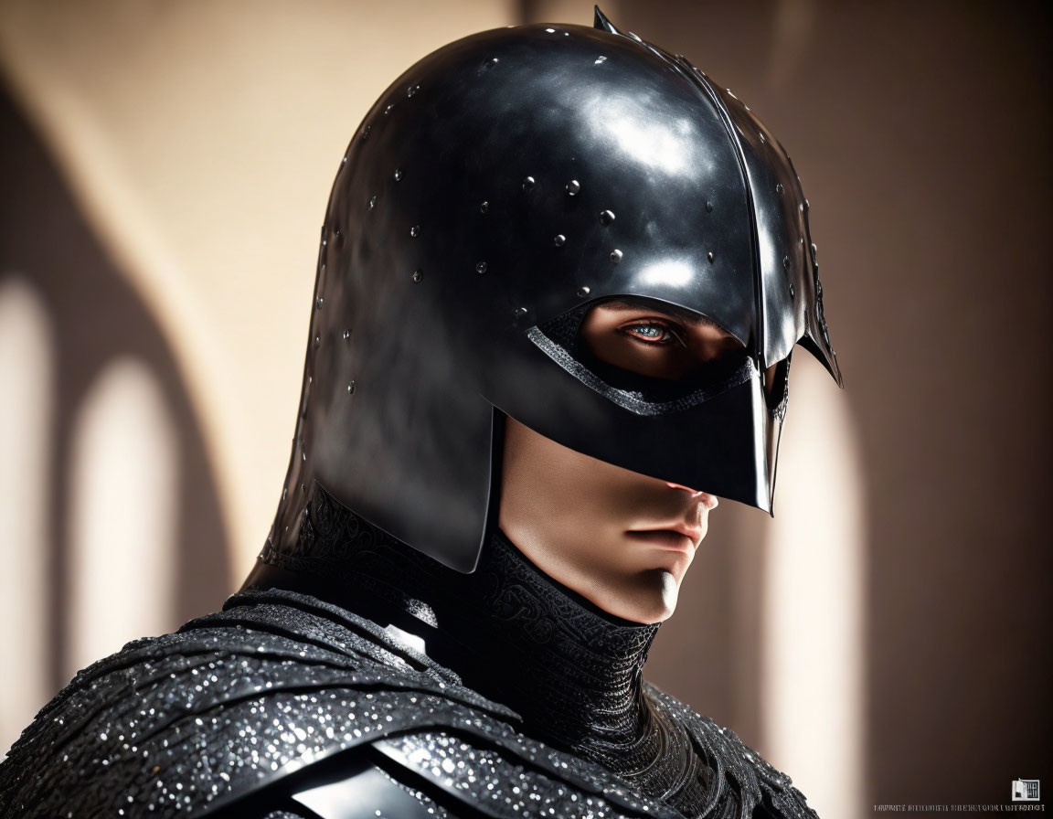 Medieval knight in black armor with open visor in shadowy room