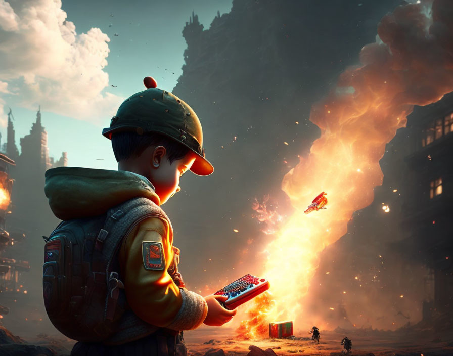 Child with backpack and cap amidst fiery cityscape with spaceships.