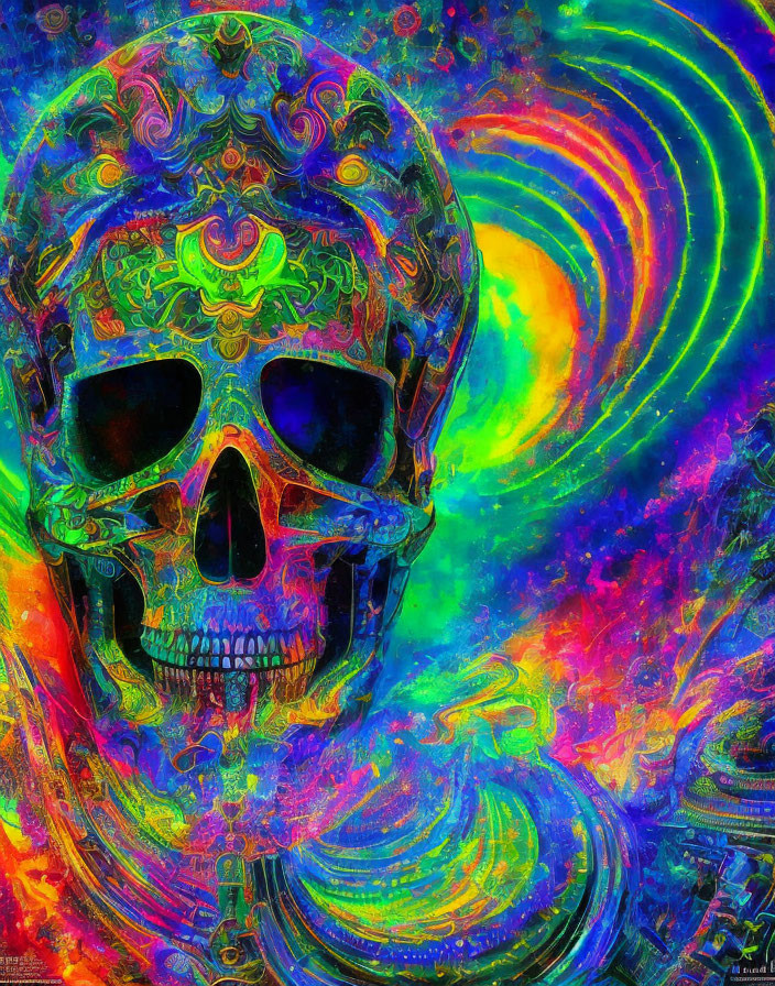 Colorful Psychedelic Skull Art with Neon Swirl Patterns