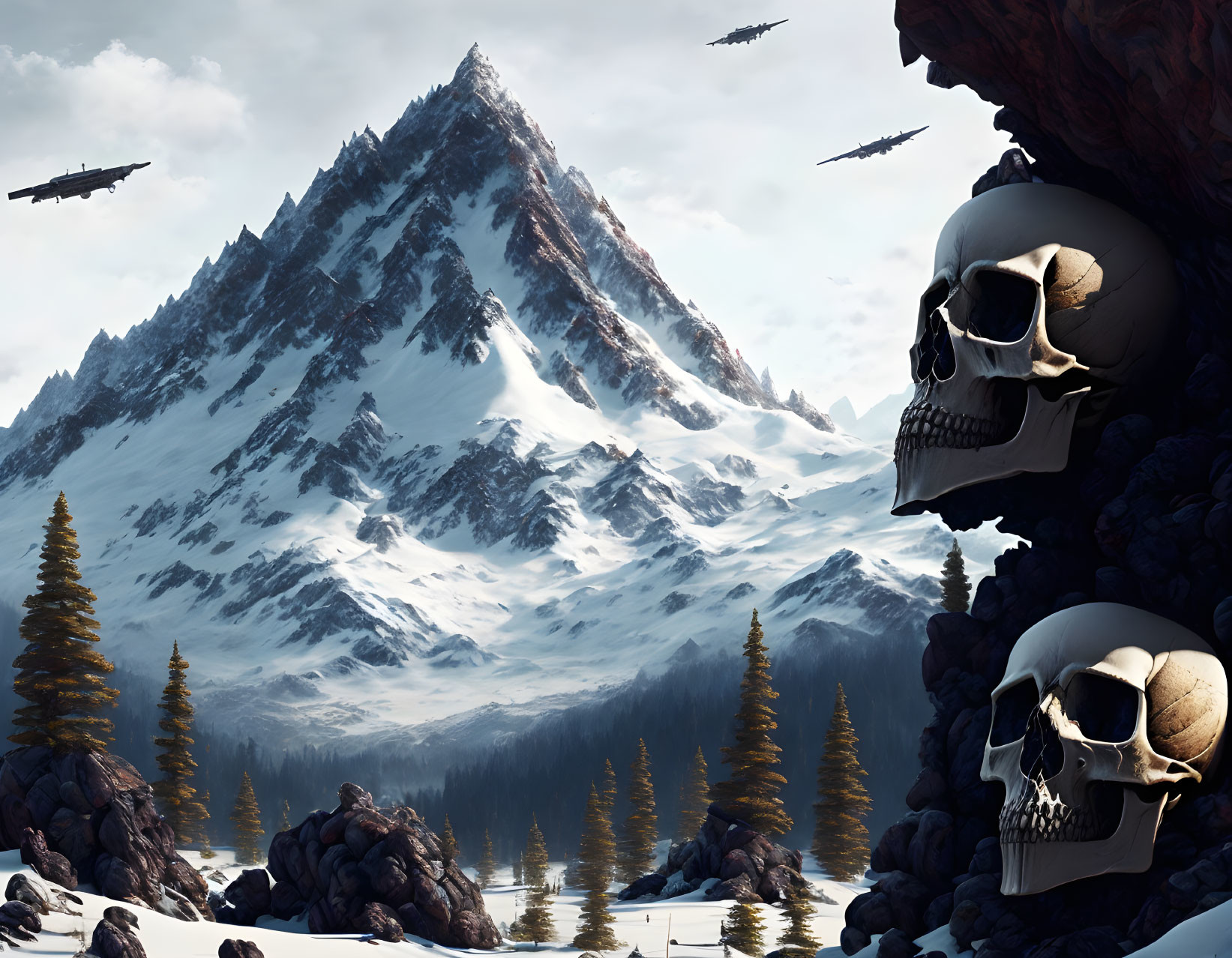 Snowy Mountain Landscape with Pine Trees, Skull Formations, and Fighter Jets