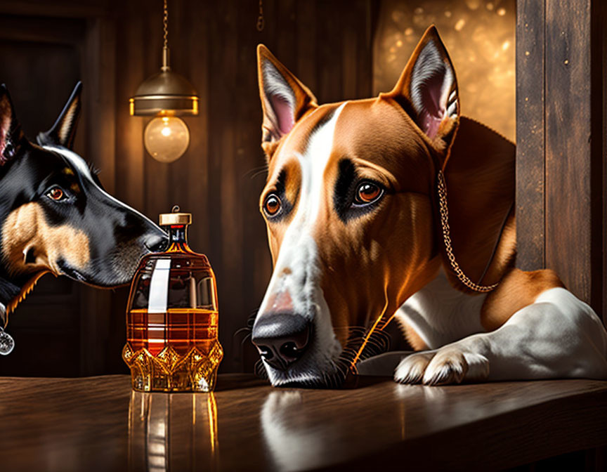 Two dogs with whiskey bottle on wooden surface, one wearing gold chain, in warmly lit room