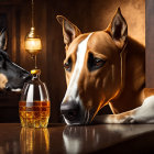 Two dogs with whiskey bottle on wooden surface, one wearing gold chain, in warmly lit room