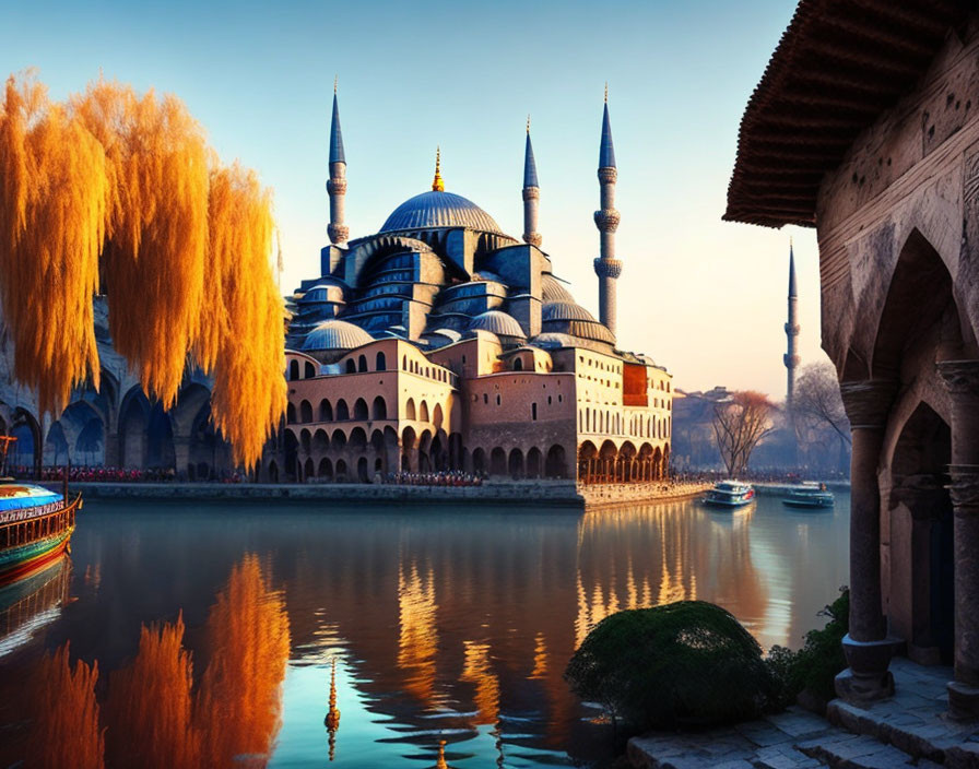 Blue Mosque domes and minarets reflected in tranquil water.