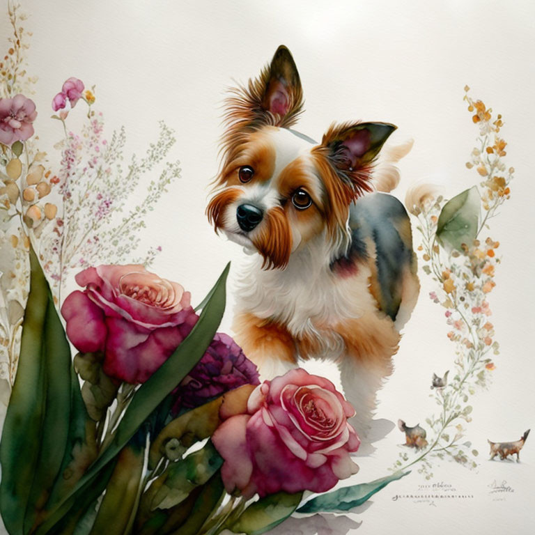 Realistic painting of small dog with large ears among lush roses