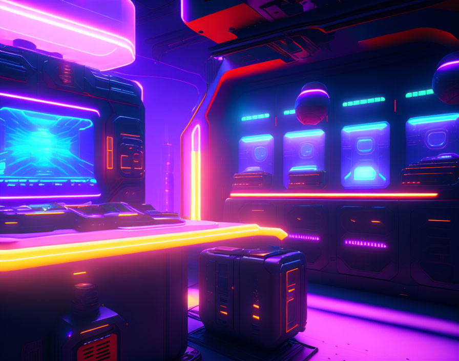 Futuristic Neon-Lit Interior with Screens and Holograms