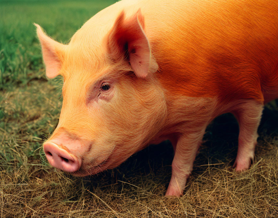 Pink pig with shiny coat in green field.