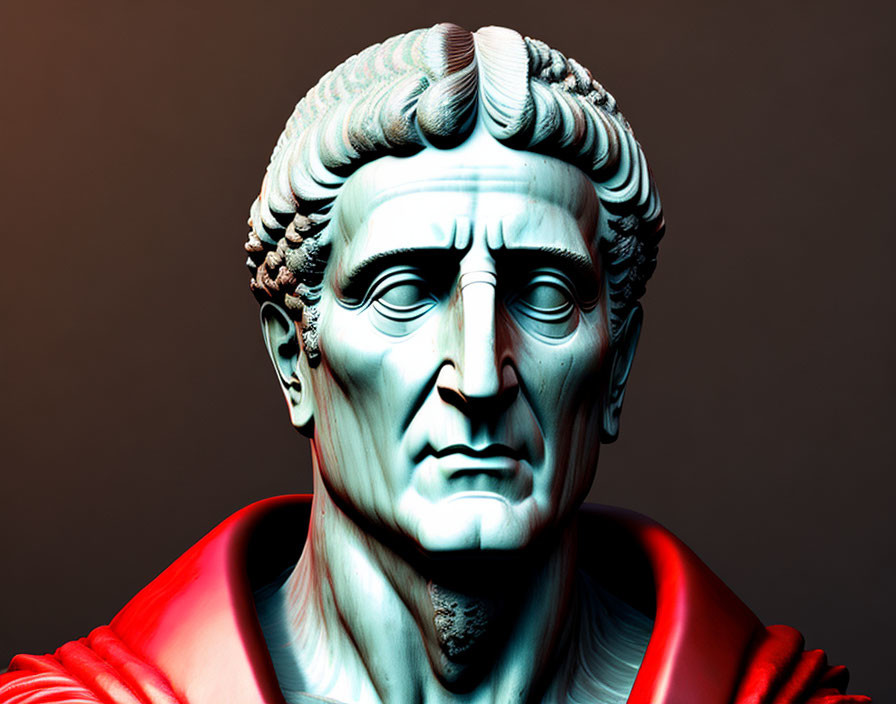 Realistic digital bust of Roman emperor with stoic expression and red cloak