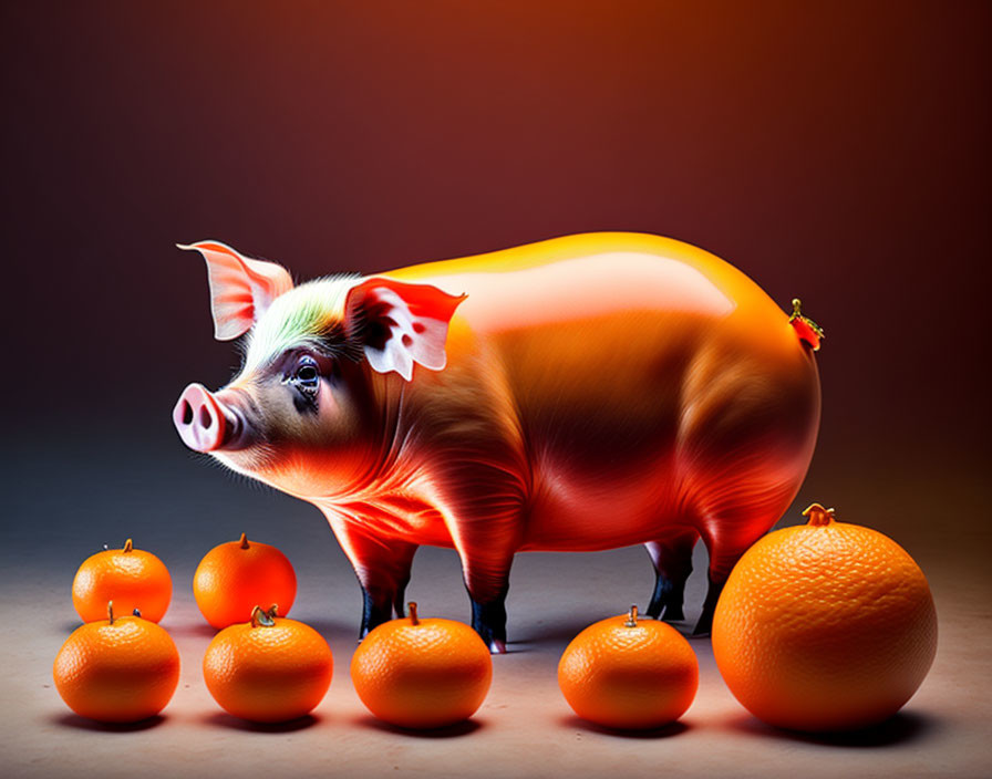 Vivid Stylized Pig Illustration with Oranges on Gradient Background