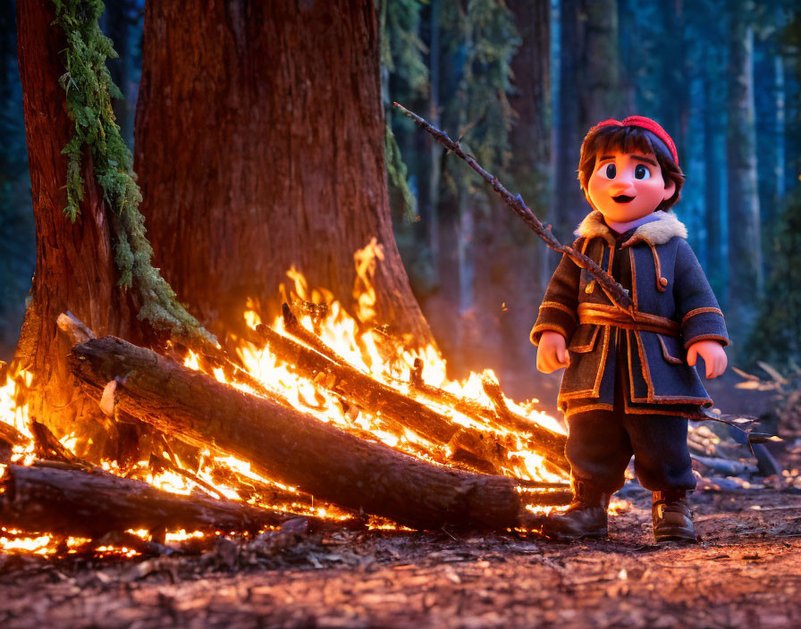 Young boy in forest at twilight by campfire with stick and vibrant flames