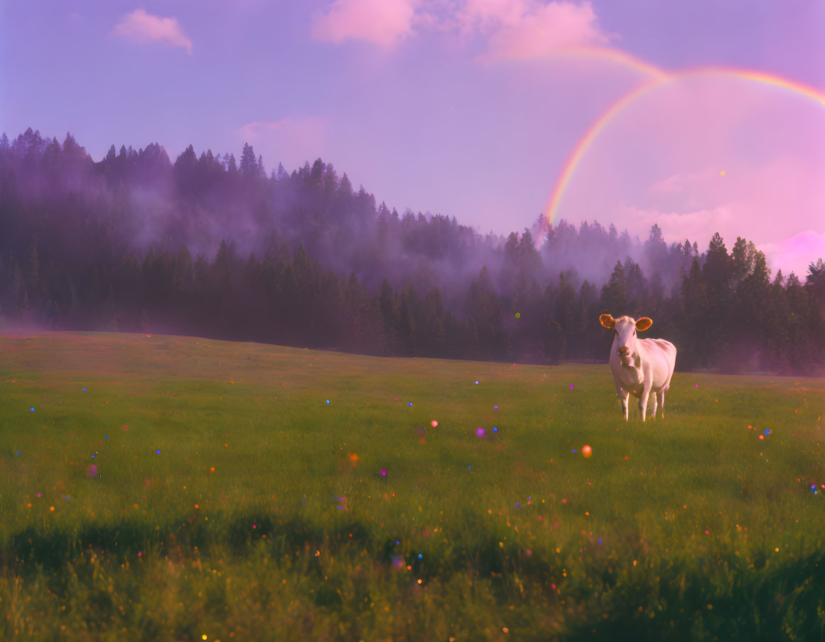 White sheep in colorful meadow with rainbow and misty woods