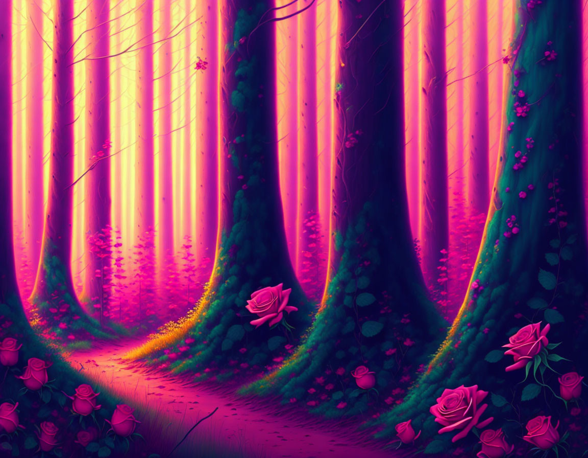 Mystical forest with pink and purple hues and enchanting atmosphere